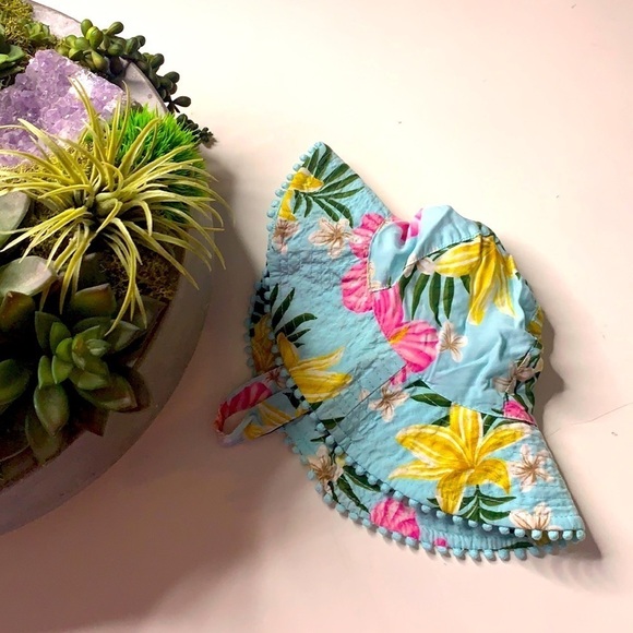 Tropical Floral rim pom-pom baby girl summer sun hat - Picture 1 of 6